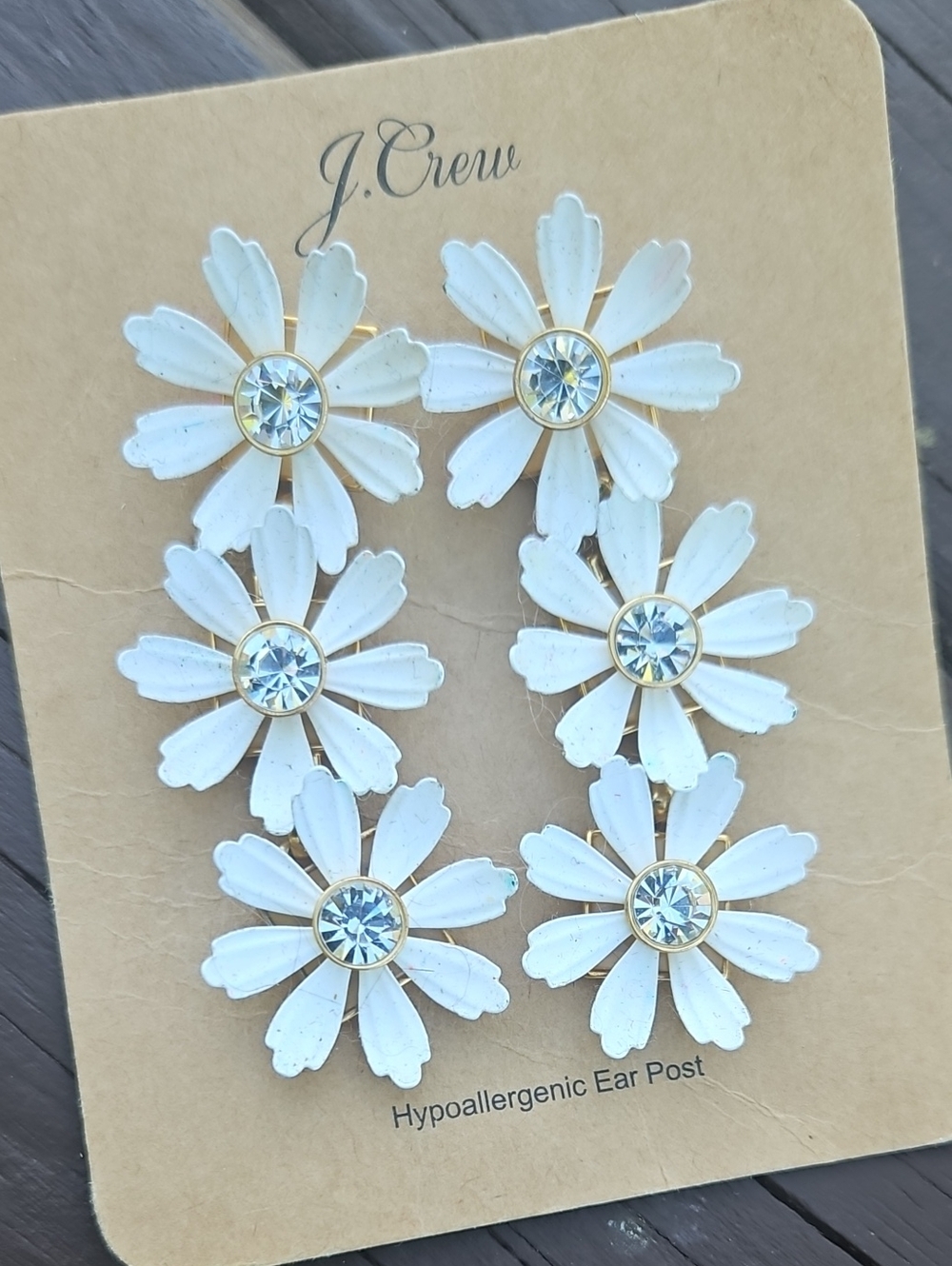 J. Crew White Enamel Daisy Drop Earrings with Crystal Centers